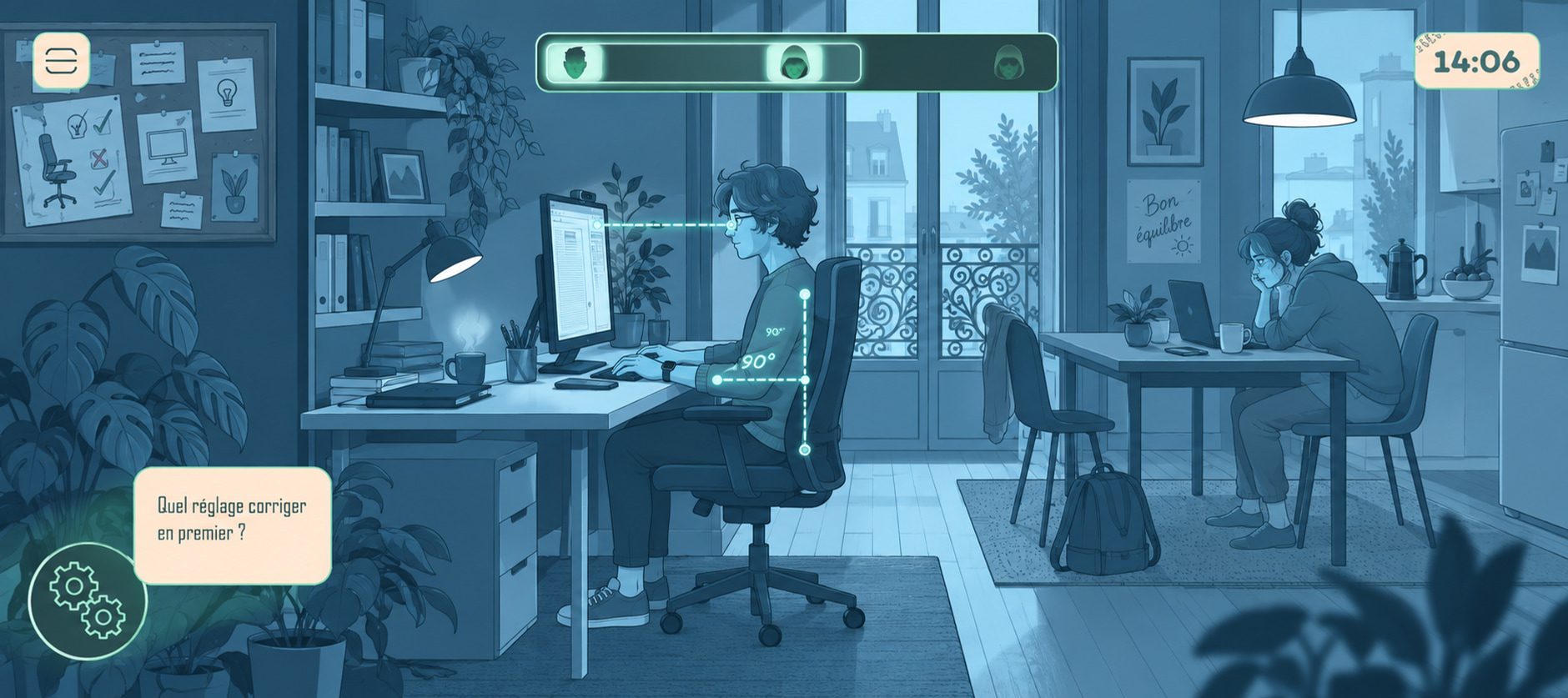 Un salarié ajuste la hauteur de son écran et de son siège sur un poste de travail informatisé