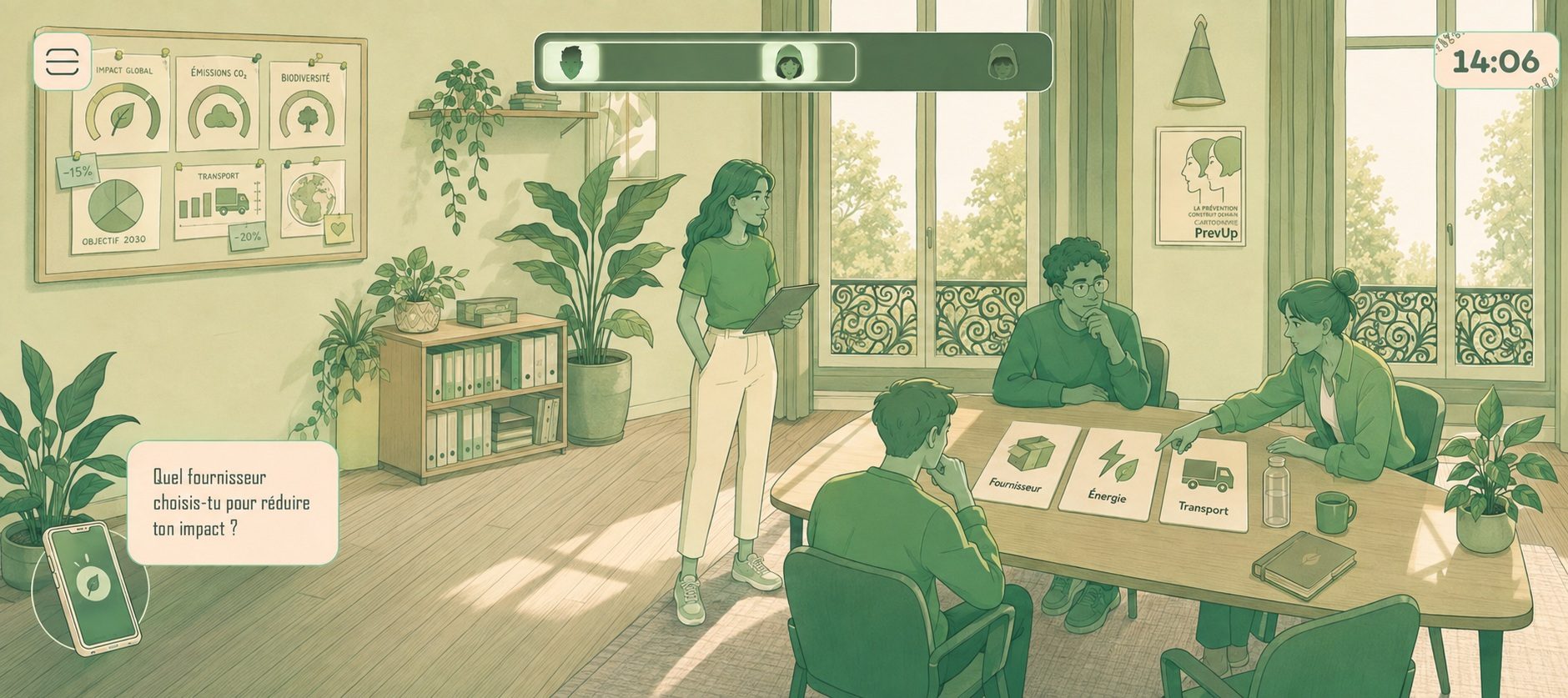Simulateur RSE en entreprise — le jeu de décisions responsables — Simulateur d'Impact RSE, expérience digitale PrevUp